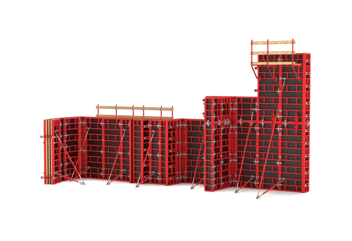 PERI TRIO wall formwork with panels and push-pull props